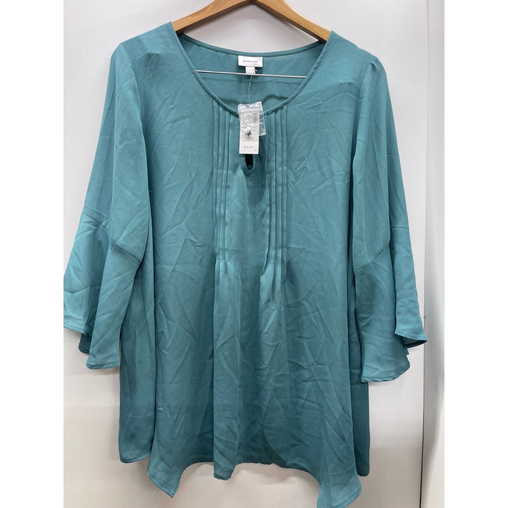 Avenue Womens Teal Blue Pleated Keyhole Blouse 3/4 Tiered Sleeve Top 14/16 NWT